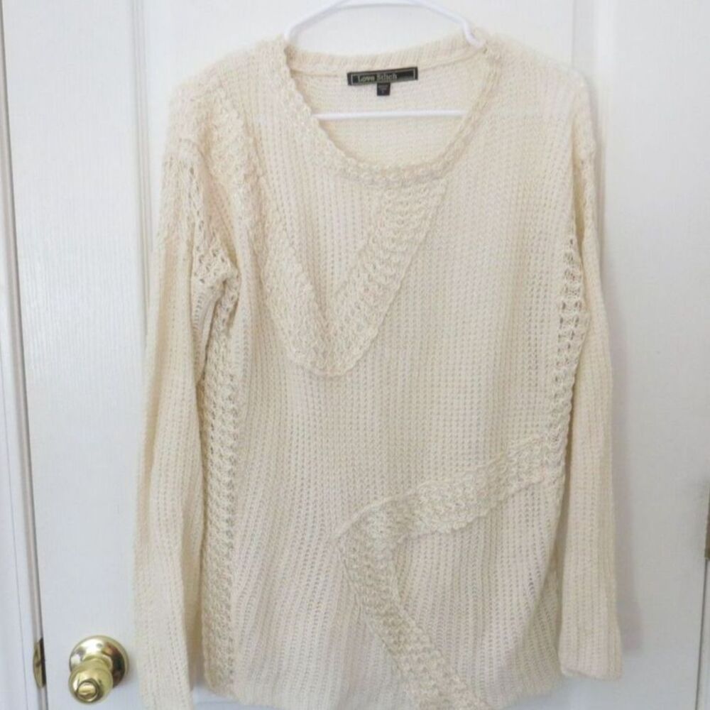 Love Stitch women's Patchwork Open Knot Sweater Boho Slouchy Cream L EUC - Picture 8 of 12